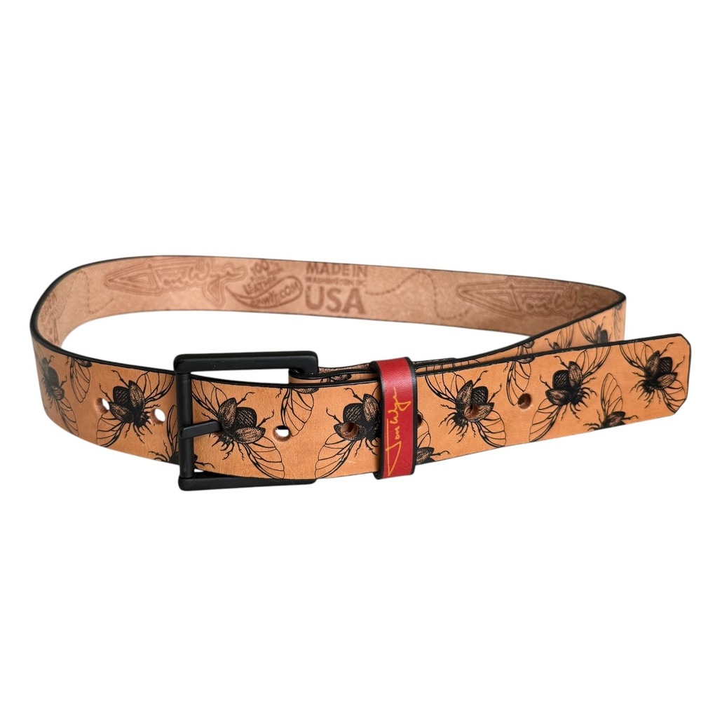 Jon Wye Cicada Insect Graphic Full Grain Leather Belt Tan Made in USA Buckle